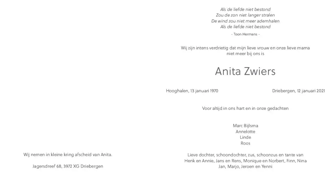 Overlijdensbericht Anita Zwiers 2 20210112 Rouwkaart Anita Az