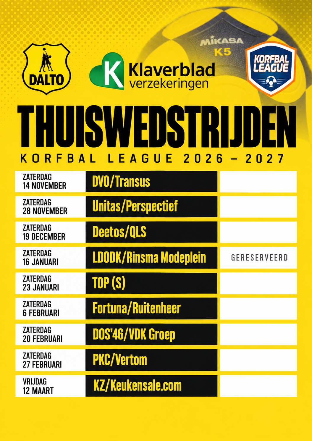 Balsponsoring Dalto/Klaverblad Verzekeringen 1 1 Thuiswedstrijden Korfbal League 2026–2027 63c23f012c22612916eb580068e73668 - Dalto/Klaverblad Verzekeringen - Korfbal - Driebergen
